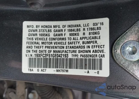 2016 Honda Civic Lx z USA, uszkodzony, nr VIN 19XFC2F51GE042193